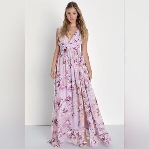 Lulu's Garden Meandering Lavender Floral Print Maxi Dress XS Extra Small NWT